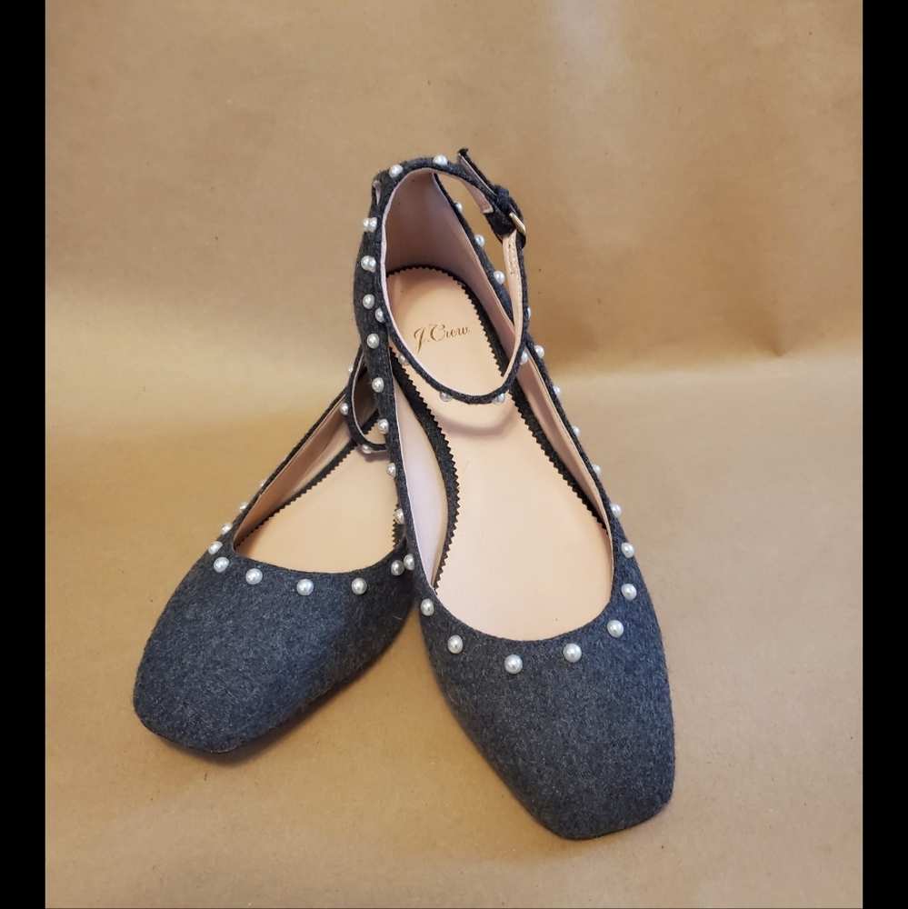 J Crew Wool pearl flats with Pearl embellished ankle straps.  like new!